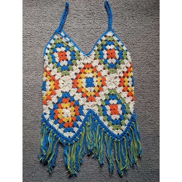 other Tops - Handmade Multicolor Crochet Fringe Tank Top - Blue Trim